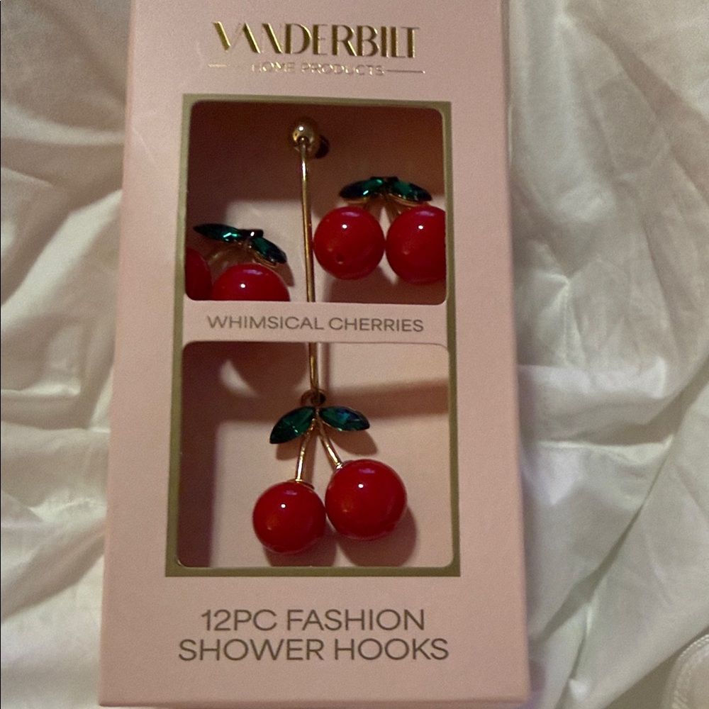 Vanderbilt Whimsical Cherries Shower Hooks - Red Cherries 🍒 Green Leaves (12pc)